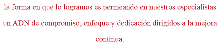 la forma en que lo logramos es permeando en nuestros especialistas un ADN de compromiso, enfoque y dedicación dirigidos a la mejora continua.